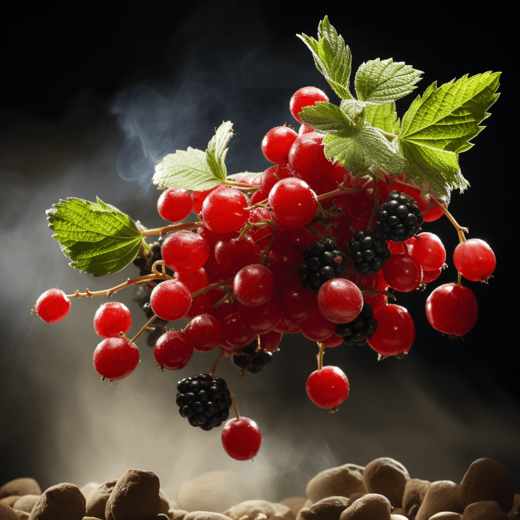 flying mixed berries dewy mint leaves by midjourney