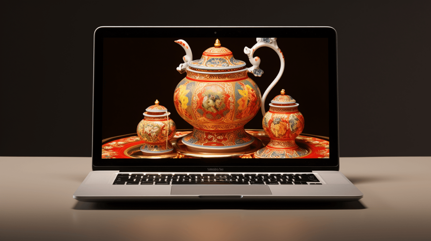 front view of laptop screen displaying  exquisite porcelain dinnerware by midjourney