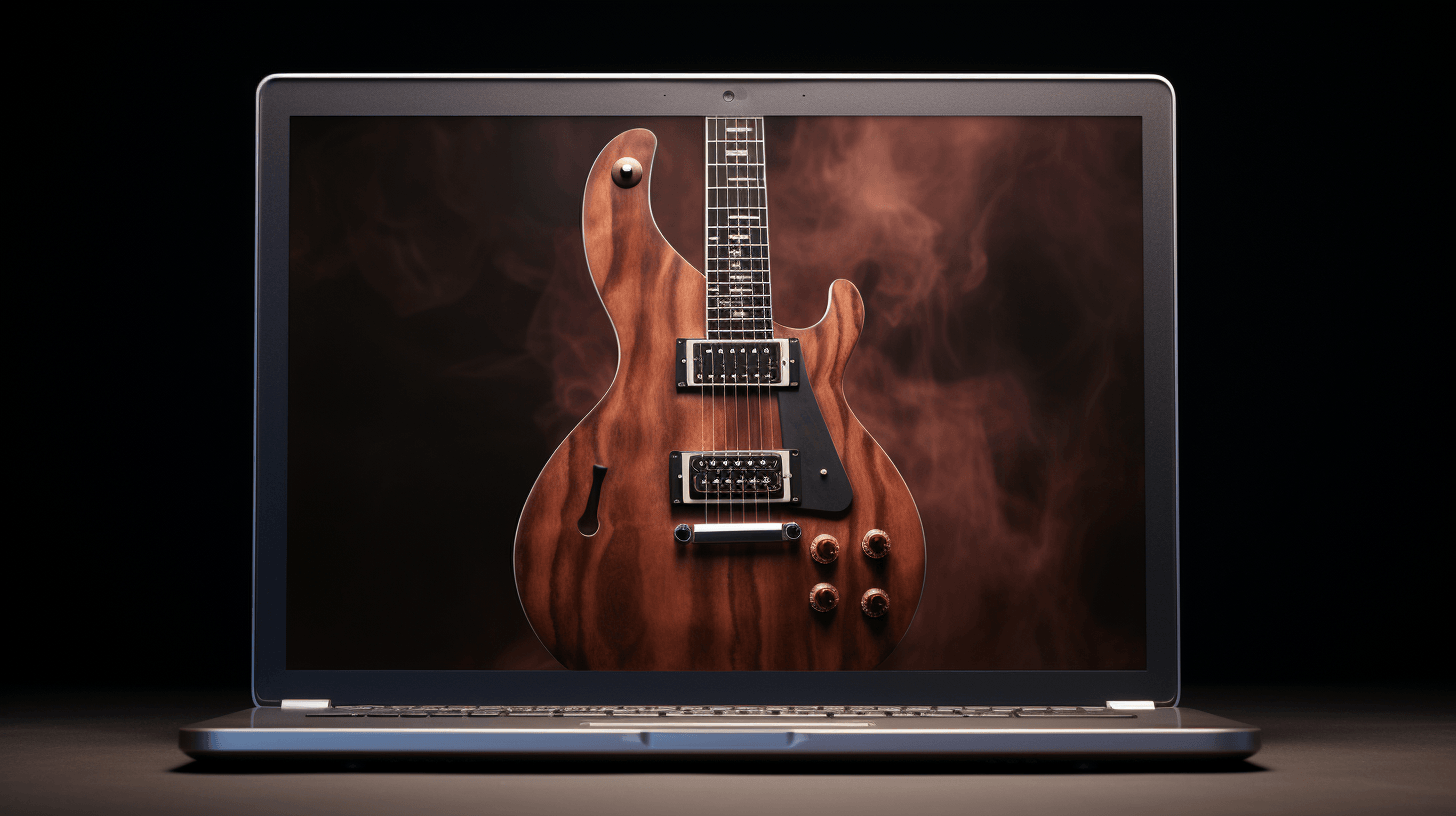 front view of laptop screen displaying guitar by midjourney