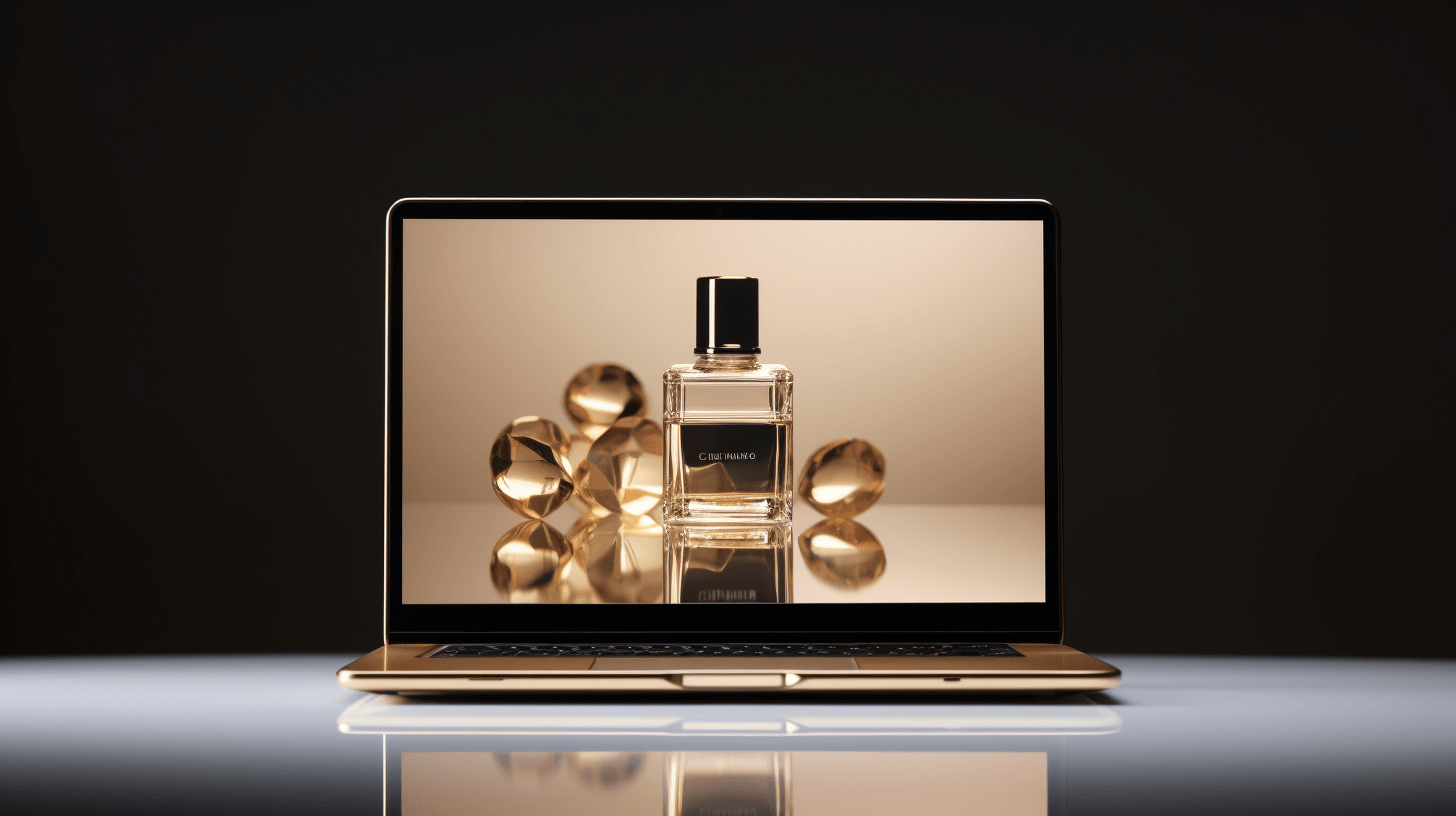front view of laptop screen displaying perfume by midjourney