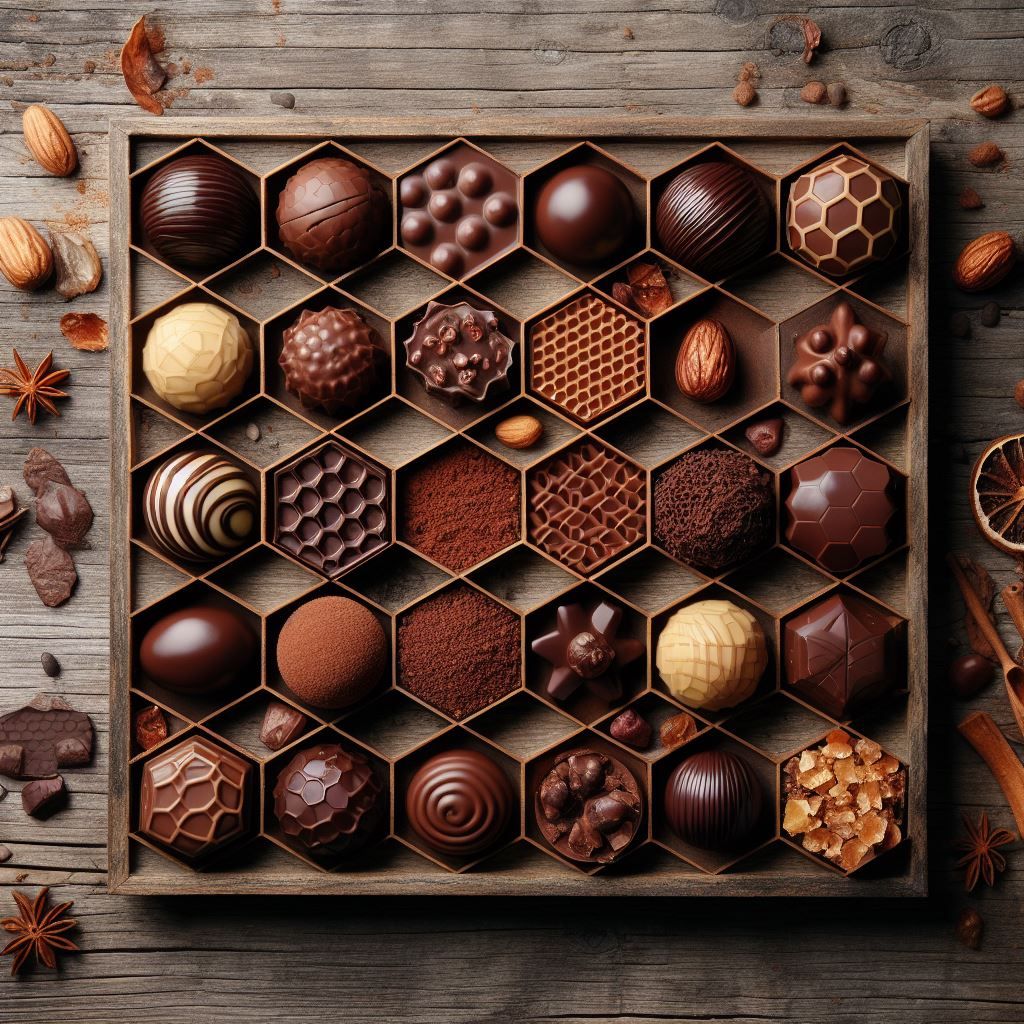 gourmet chocolates neatly arranged by dalle 3