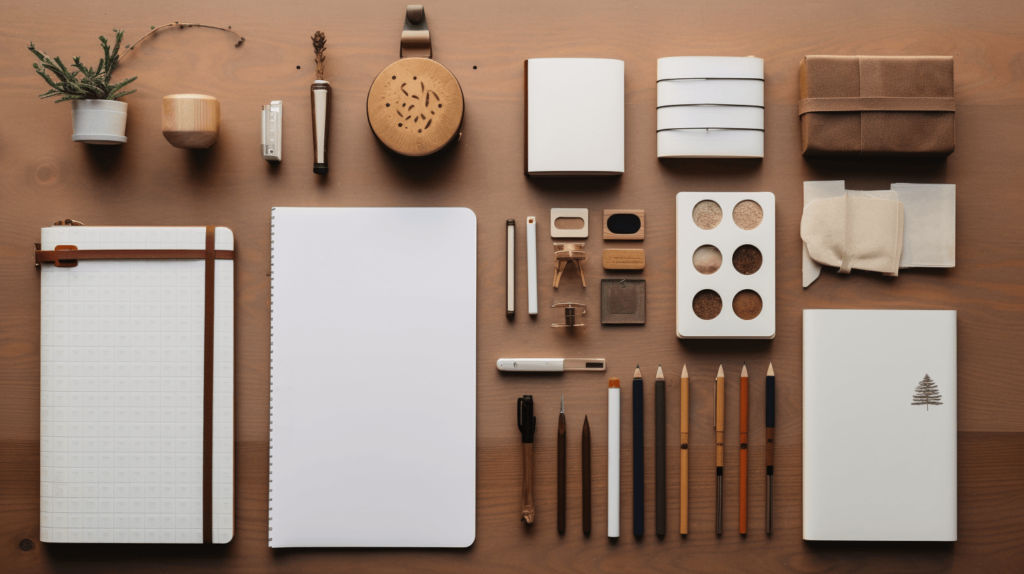 knolling stationery collection on a rustic wood by midjourney