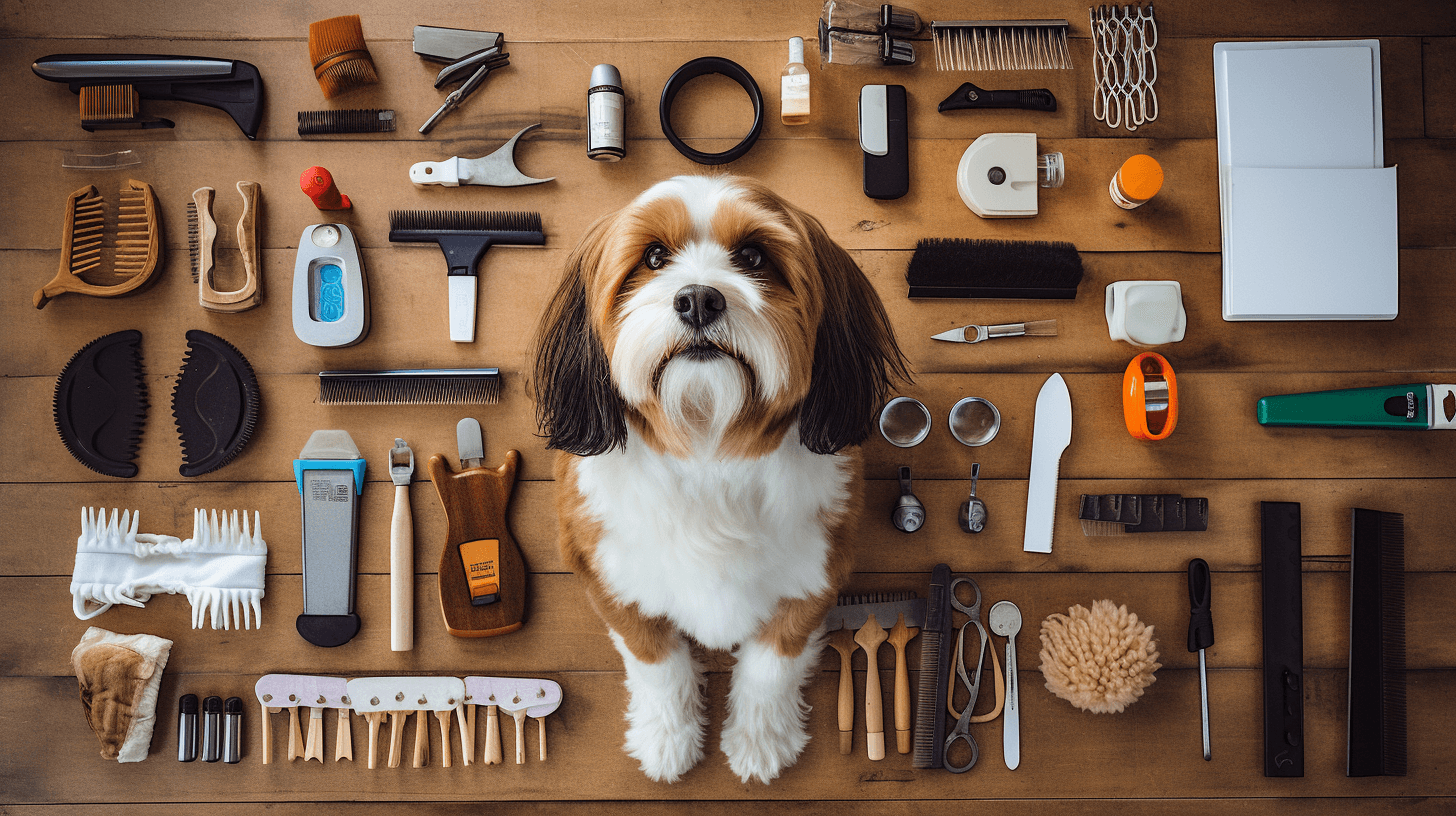 knolling pet grooming essentials with a dog in center by midjourney