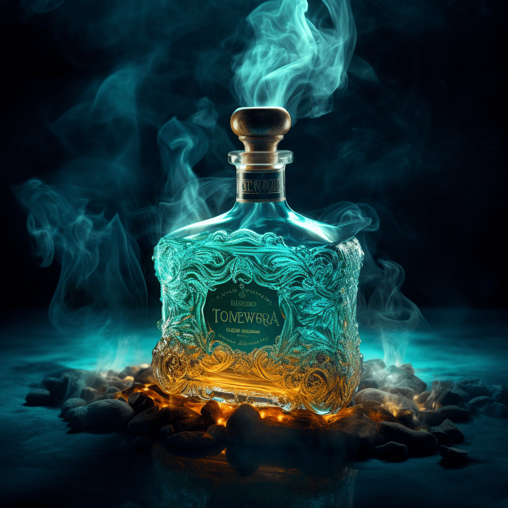 luminous smoke enveloping a premium transparent tequila bottle by midjourney