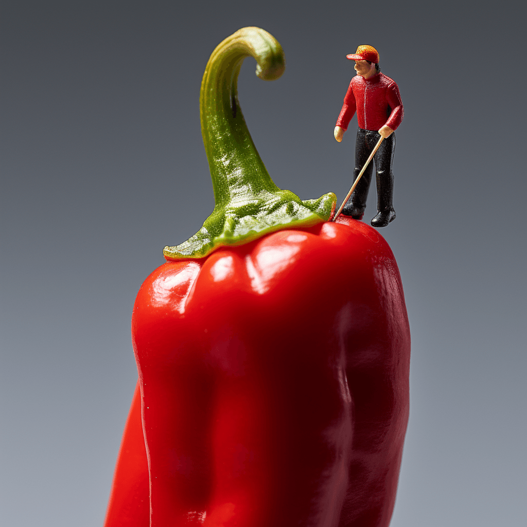 micro tiny sized chef climbing a giant vibrant red chili pepper by midjourney
