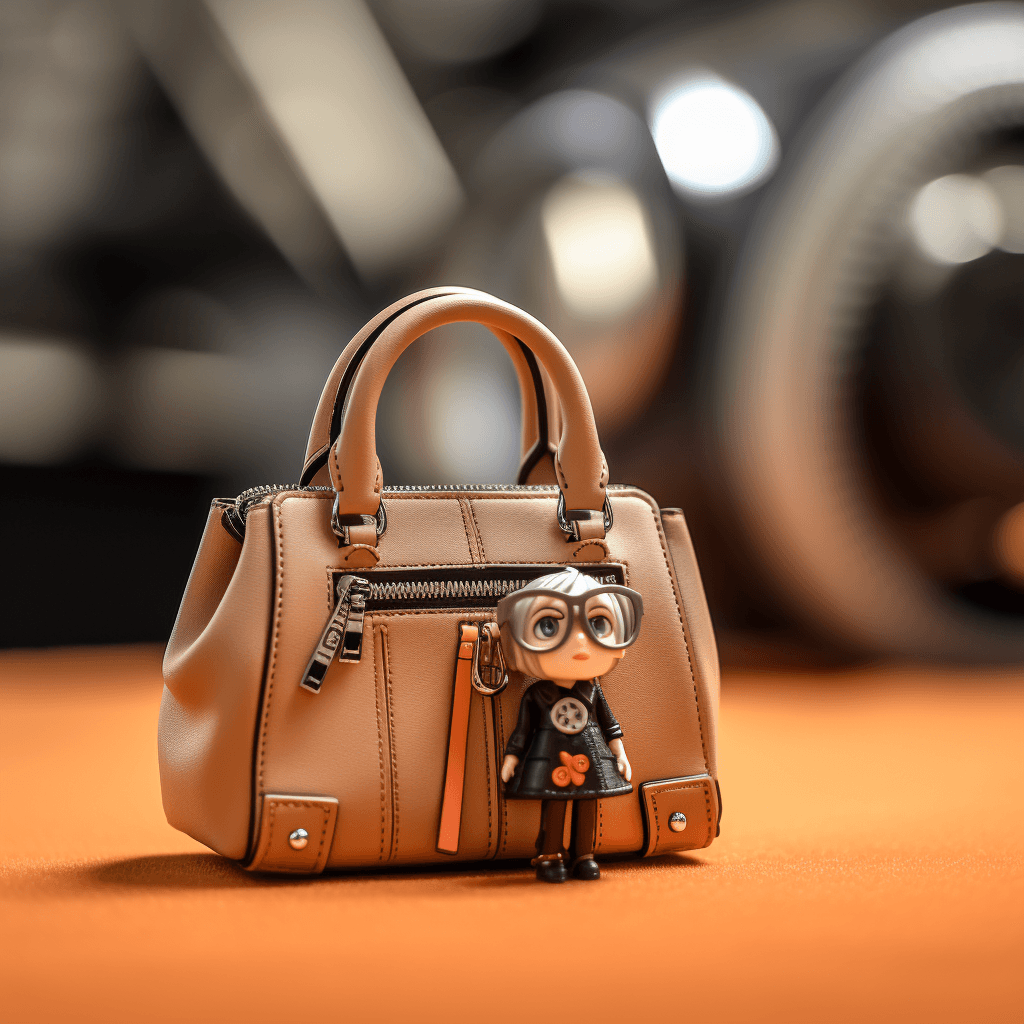 micro tiny sized fashionista leaning on a giant designer handbag by midjourney