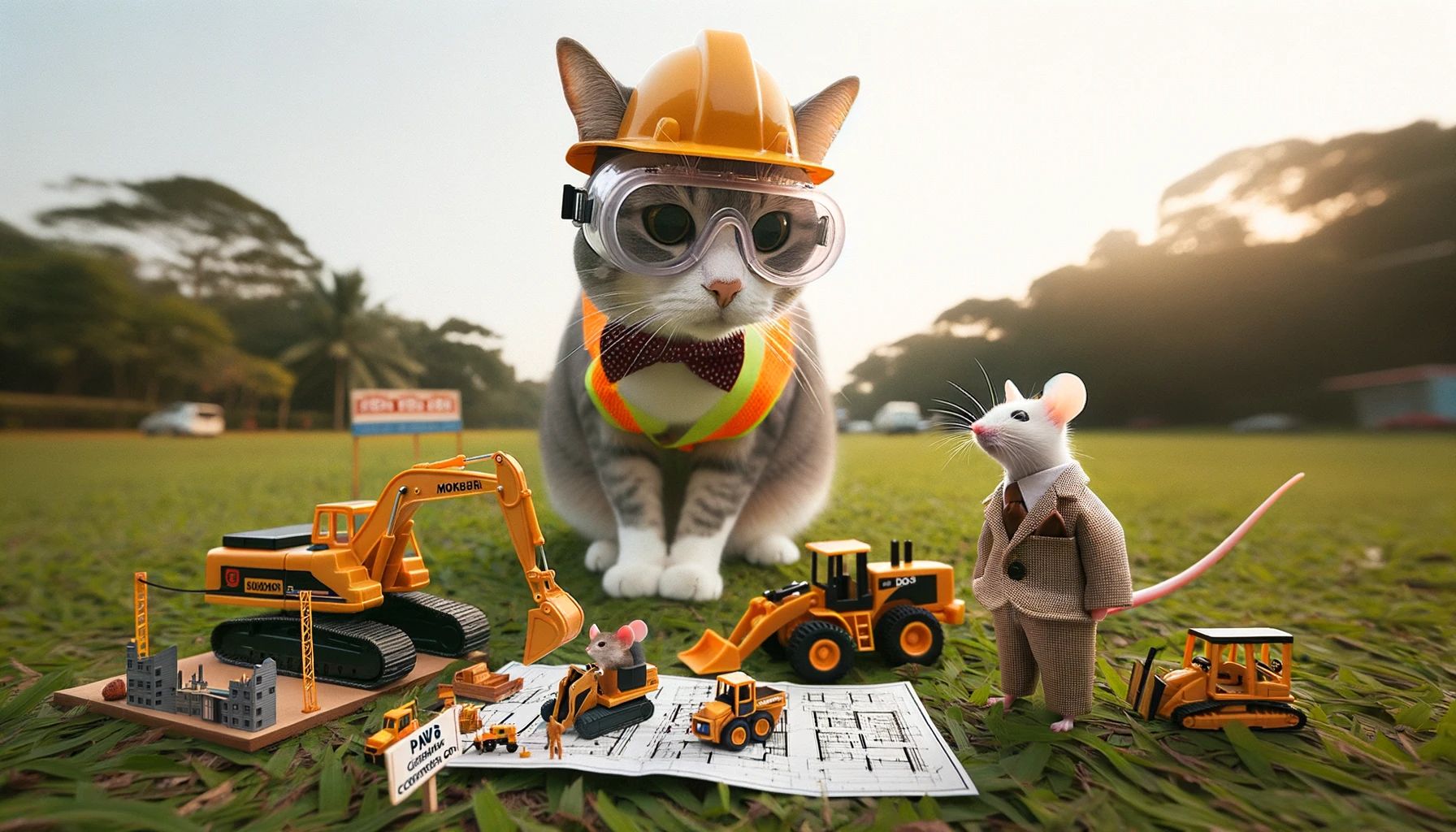 panoramic outdoor scene with a cat adorned in safety goggles and a construction hat by dalle 3