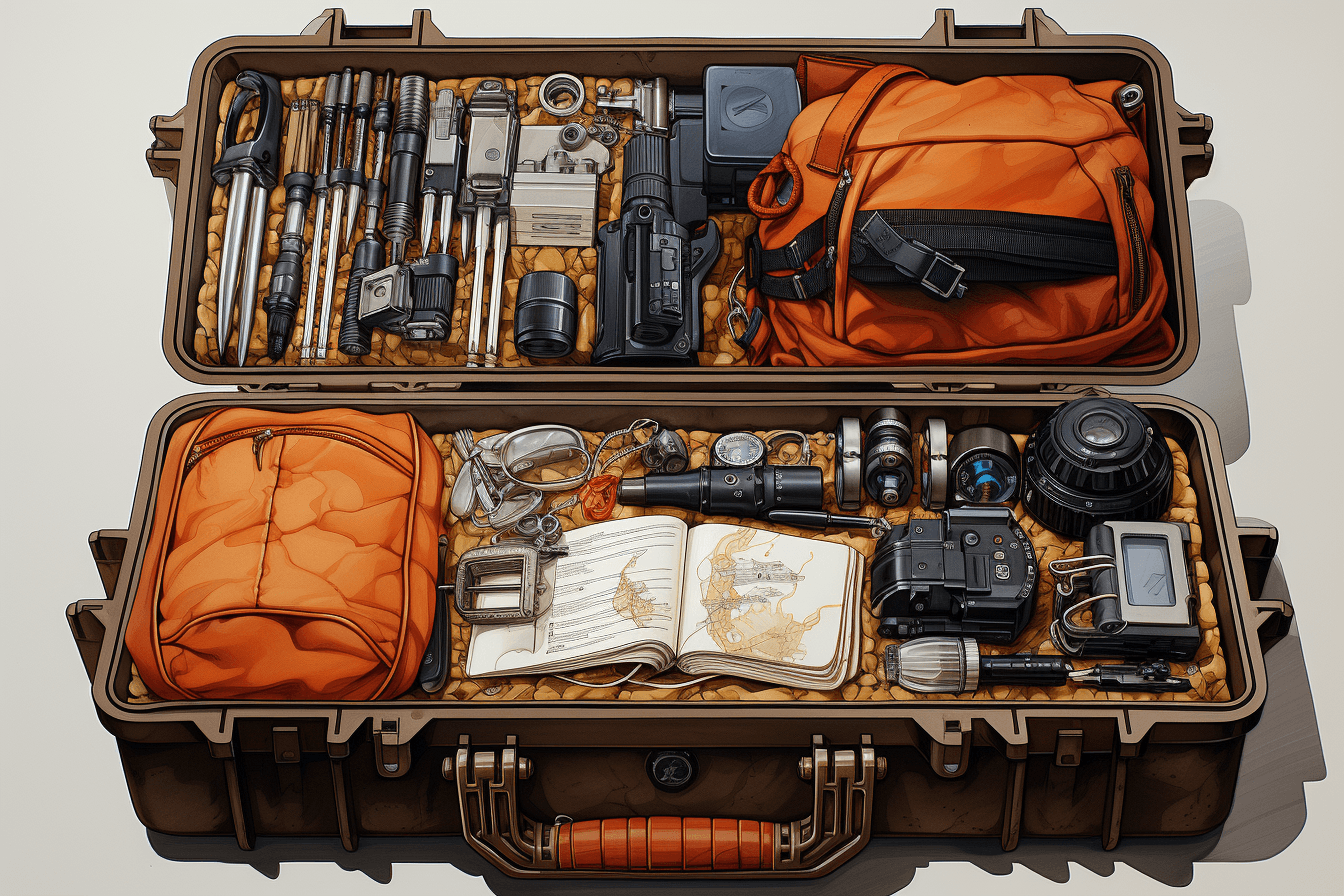 pencil drawing of a spys toolkit knolling by midjourney