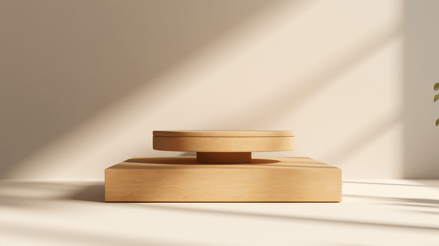 product podium with a wooden-textured platform by midjourney