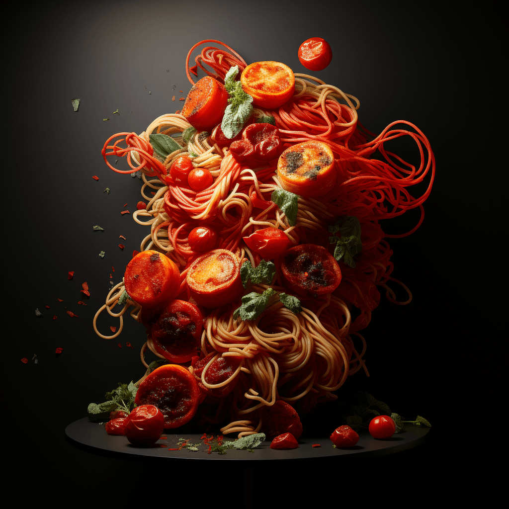 spirals of spaghetti tomato chunks garlic by midjourney