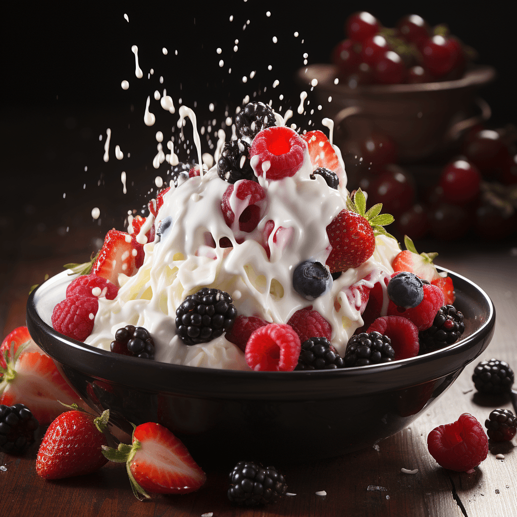  splashing milk and berries in a porcelain bowl by midjourney