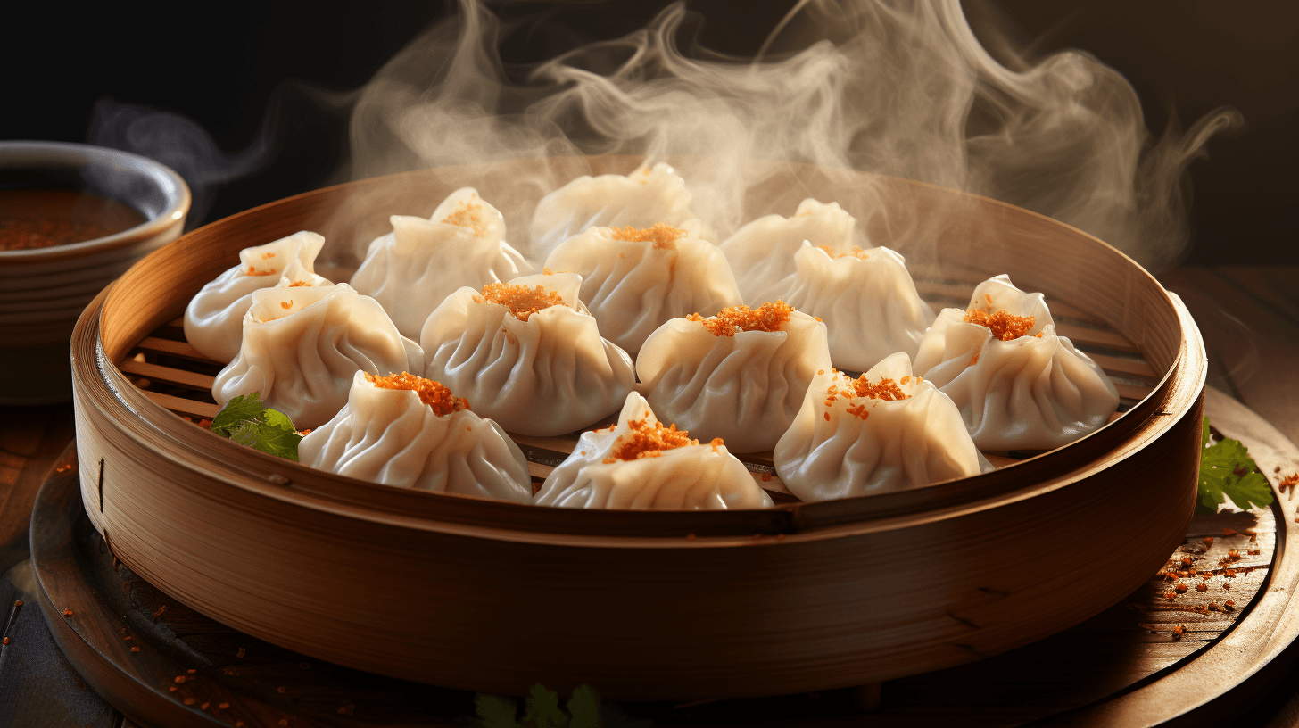 steam curls around Xiao Long Bao translucent by midjourney