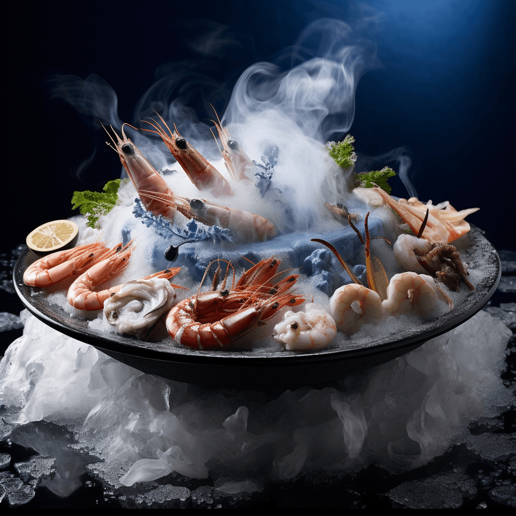 steam curls around seafood platter on ice wisps by midjourney