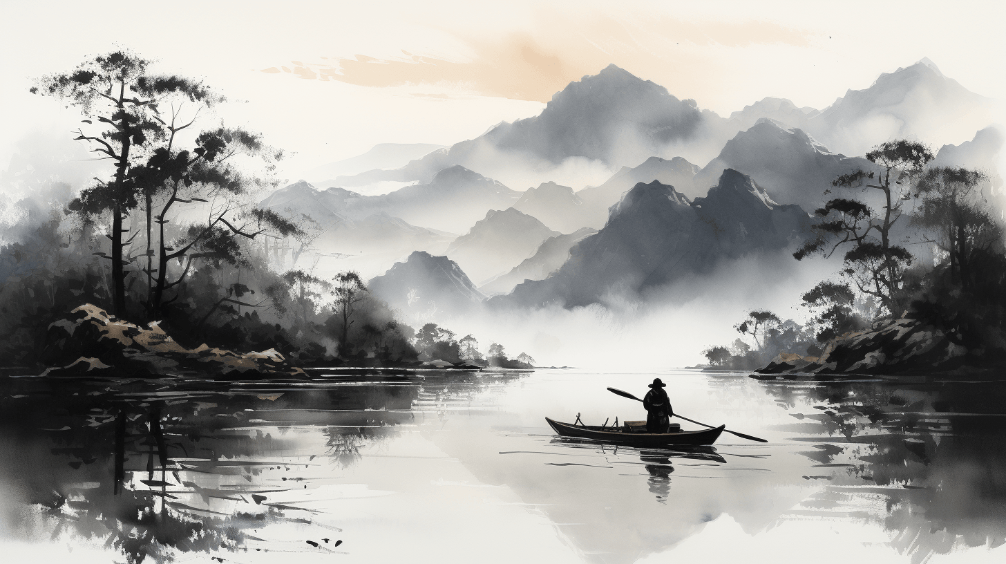 sumi e drawing of Chinese fisherman on skiff by midjourney