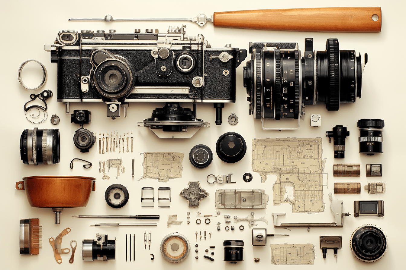 technical Illustration of vintage camera parts by midjourney