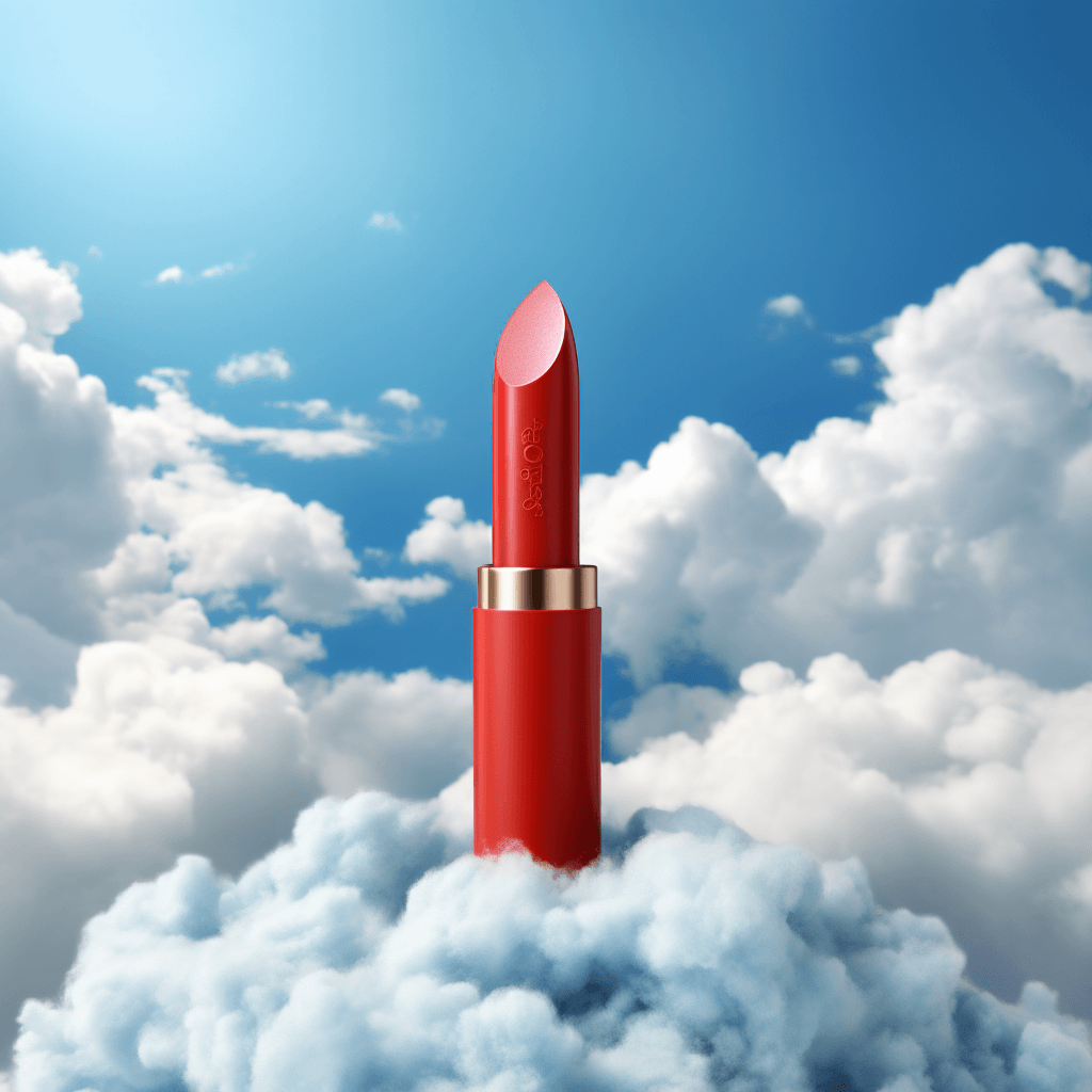 vibrant red lipstick tube whimsical cloudscape by midjourney