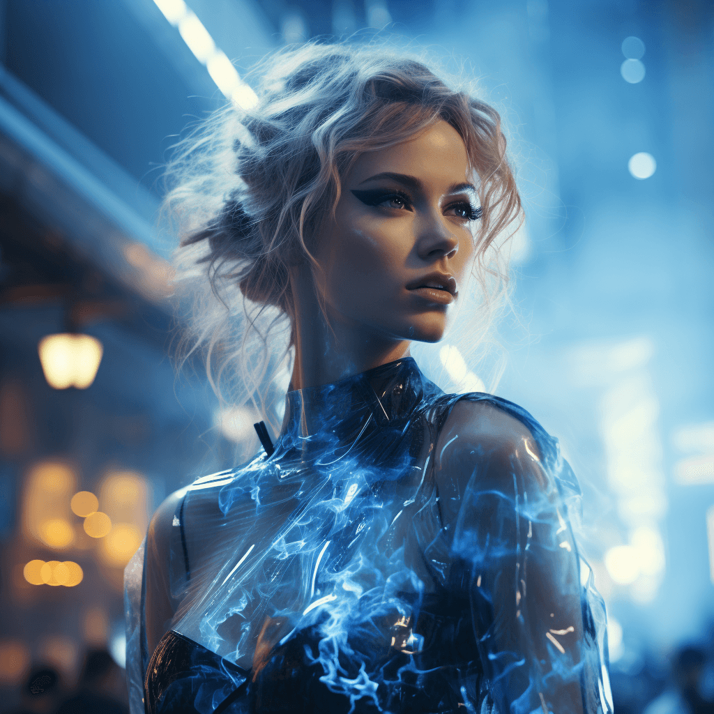 woman in a futuristic attire neon blue smoke by midjourney